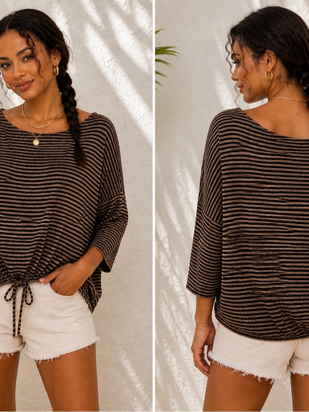 Striped Tie-Hem Boatneck Top in Black & Brown